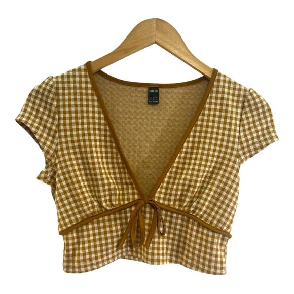 SHEIN Carmel and ivory check cap sleeve deep V neck crop top SZ S - Picture 1 of 7